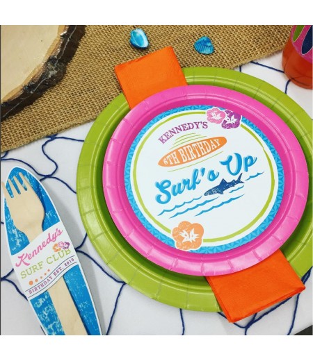Surfer Girl Surfs Up Sharks Birthday Party Customized Plate and Fork Labels